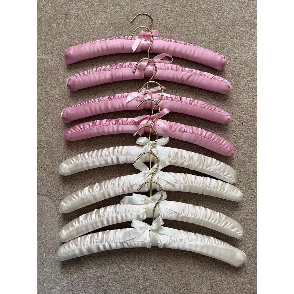Set of 8 Vintage Satin Padded Hangers Pink & Ivory Gold Tone Bows
